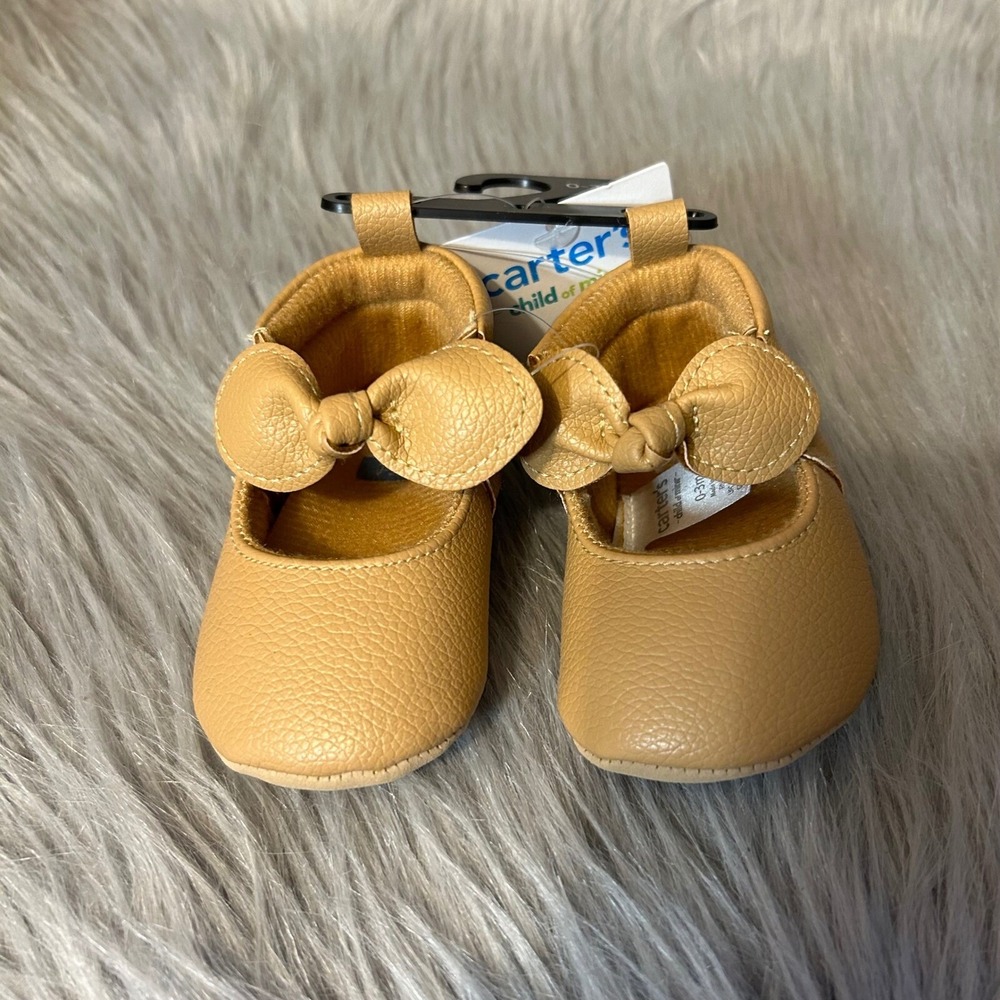 Carter's Child Of Mine Crib Shoes Baby Size 0-3 Months Brown Bow Shoes